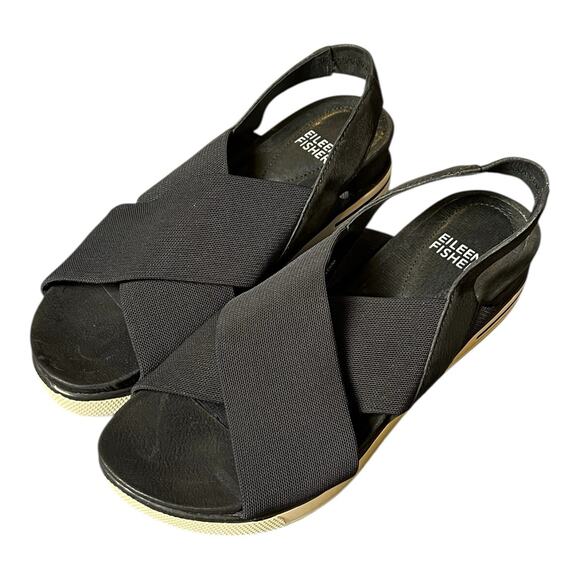Eileen Fisher Shoes - Eileen Fisher‎ Platform Sandals Womens 6 Good Crisscross Black Nubuck Leather